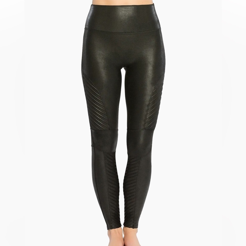 Spanx Leather Look Leggings Very Black M Medium Women’s High Waist Moto Style